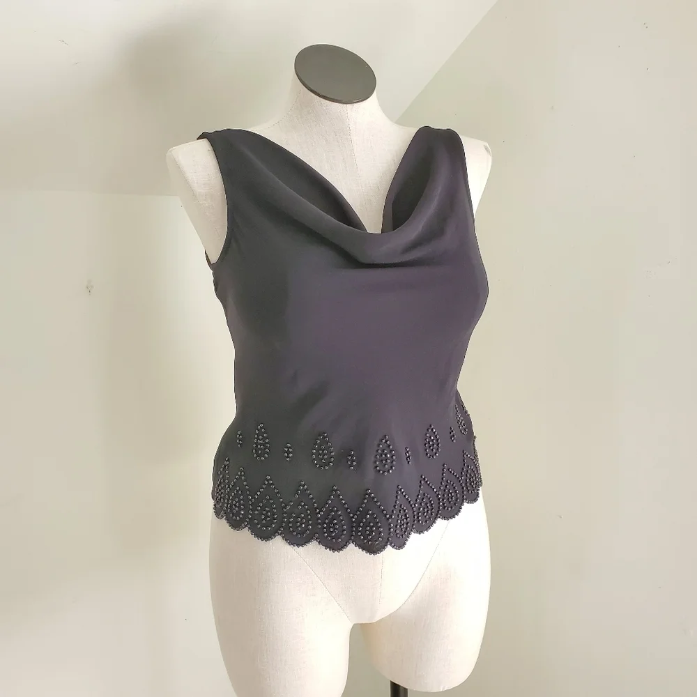 90s Vintage Black Cowl Neck Top with beaded scalloped trim and strappy back - Picture 3 of 5